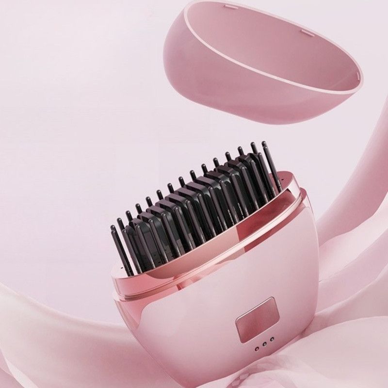 Mini Wireless Negative Ion Hair Straightener Brush, Rechargeable Portable Constant-Temperature Hair Styling Comb for Travel—Pink