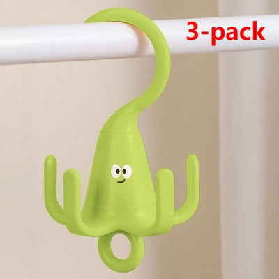 3-Pack - Cute Cartoon 5-Claw Rotating Hook, Multi-Purpose Closet Organizer Hanger for Hats, Bags, Belts, and Lingerie - Green