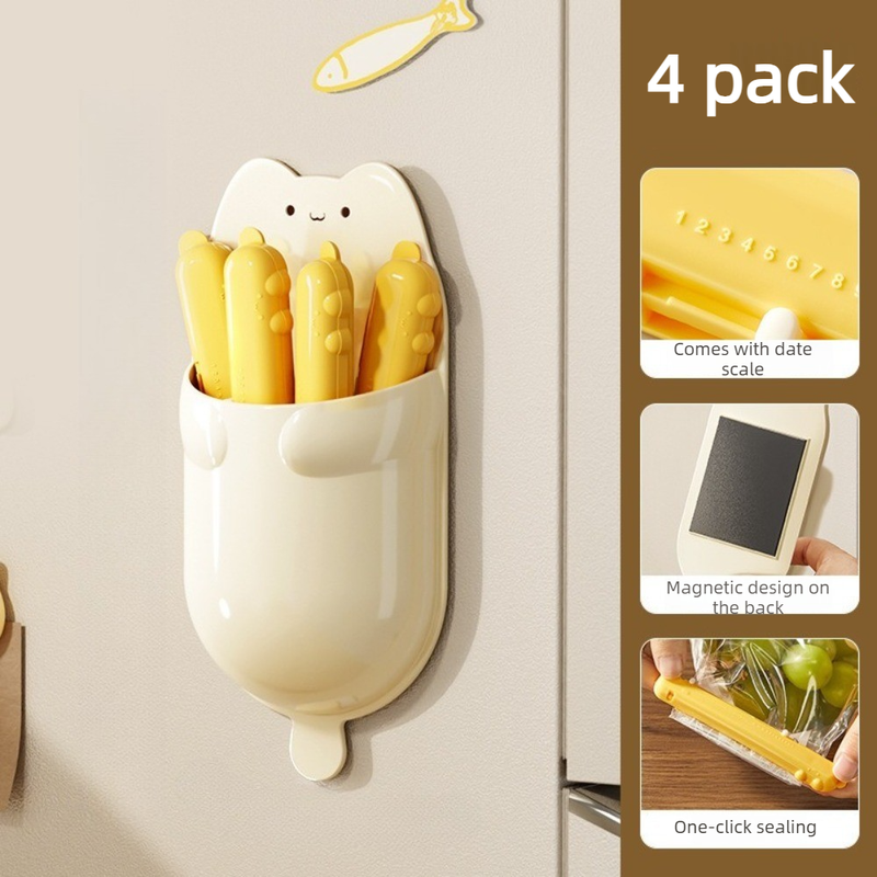 Cat Magnetic Storage Box Food Sealing Clips, Date Mark Snack Bag Sealer Clips—Yellow
