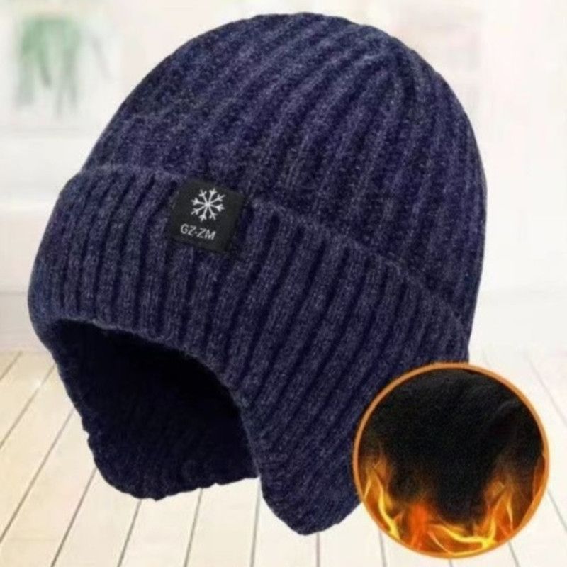 Men's Fleece-Lined Ear Protection Knit Beanie, Warm Thick Winter Hat for Dad or Grandpa - Navy Blue
