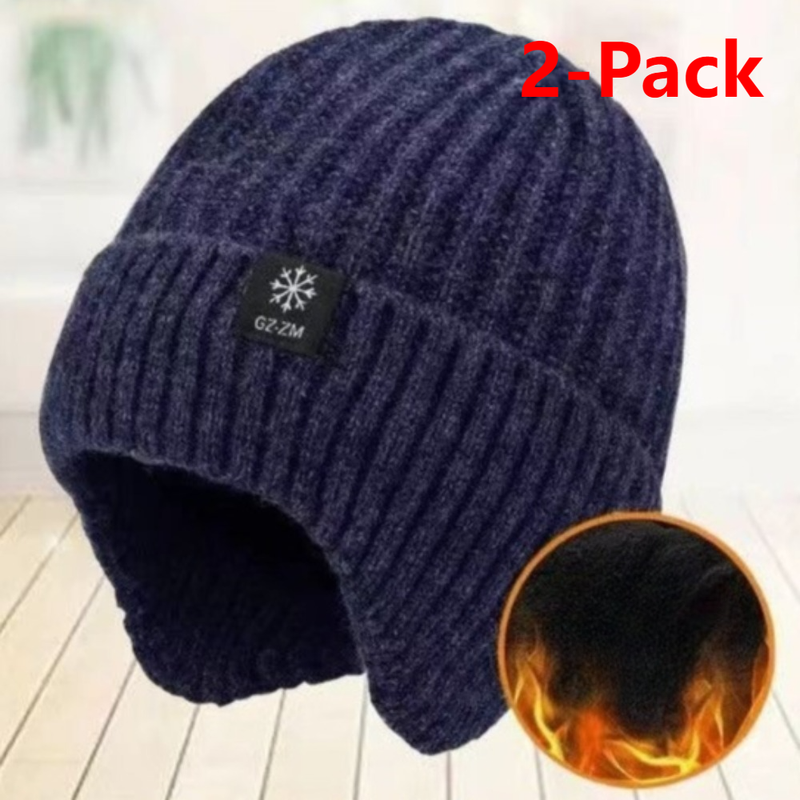 2-Pack - Men's Fleece-Lined Ear Protection Knit Beanie, Warm Thick Winter Hat for Dad or Grandpa - Navy Blue