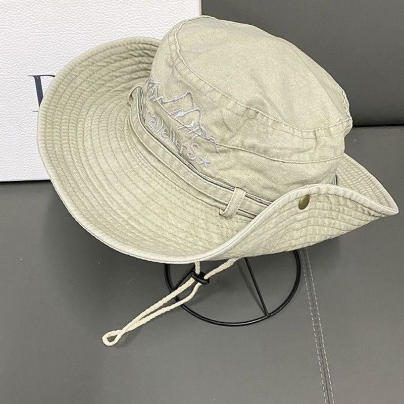 Vintage Washed Embroidered Bucket Hat, Wide-Brim Sun Hat with Drawstring for Hiking and Outdoor Activities - Beige