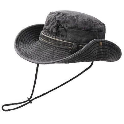 Vintage Washed Embroidered Bucket Hat, Wide-Brimmed Sun Hat with Drawstring for Hiking and Outdoor Activities—Black
