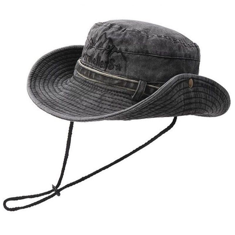 Vintage Washed Embroidered Bucket Hat, Wide-Brimmed Sun Hat with Drawstring for Hiking and Outdoor Activities—Black