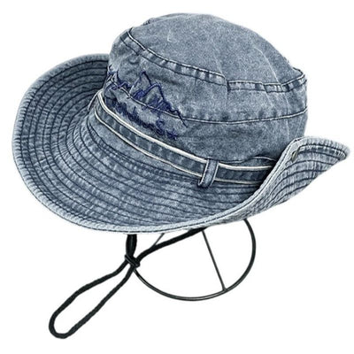 Vintage Washed Embroidered Bucket Hat, Wide-Brim Sun Hat with Drawstring for Hiking and Outdoor Activities - Blue