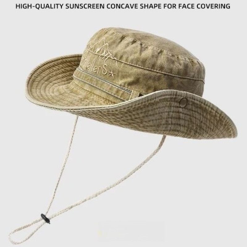 Vintage Washed Embroidered Bucket Hat, Wide-Brim Sun Hat with Drawstring for Hiking and Outdoor Activities - Brown