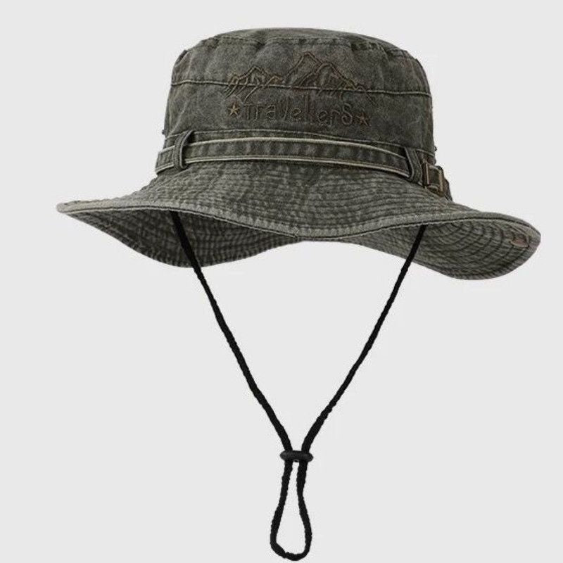 Vintage Washed Embroidered Bucket Hat, Wide-Brimmed Sun Hat with Drawstring for Hiking and Outdoor Activities—Green