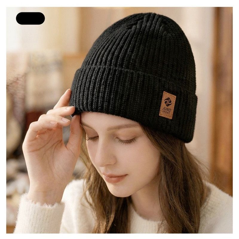 Double Fleece-Lined Vertical Stripe Knit Beanie, Unisex Thick Warm Winter Outdoor Cold-Proof Wool Hat—Black