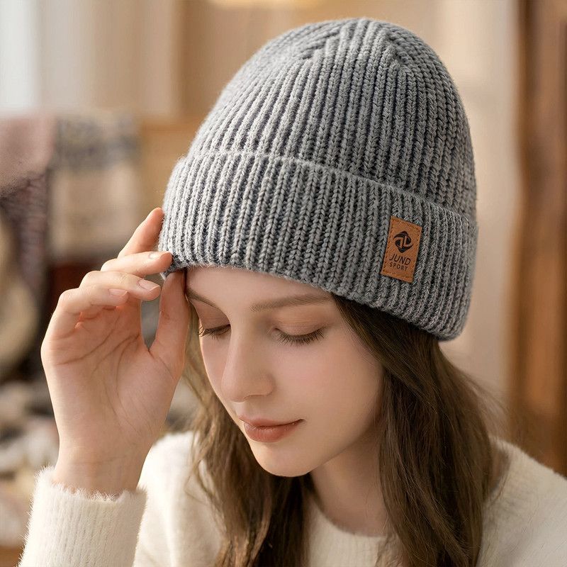 Double Fleece-Lined Vertical Stripe Knit Beanie, Unisex Thick Warm Winter Outdoor Cold-Proof Wool Hat—Gray