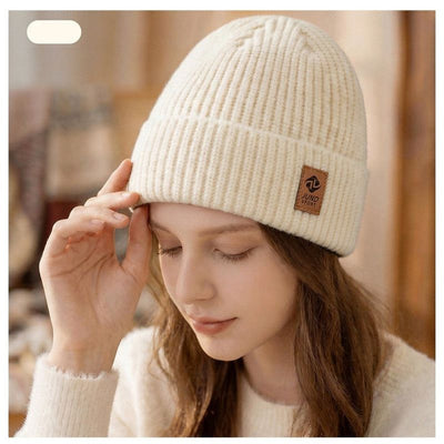 Double Fleece-Lined Vertical Stripe Knit Beanie, Unisex Thick Warm Winter Outdoor Cold-Proof Wool Hat - White