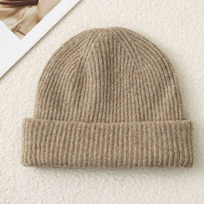 Solid Color Knit Beanie, Unisex Minimal Cuffed Warm Winter Hat with Slim Face Design—Apricot