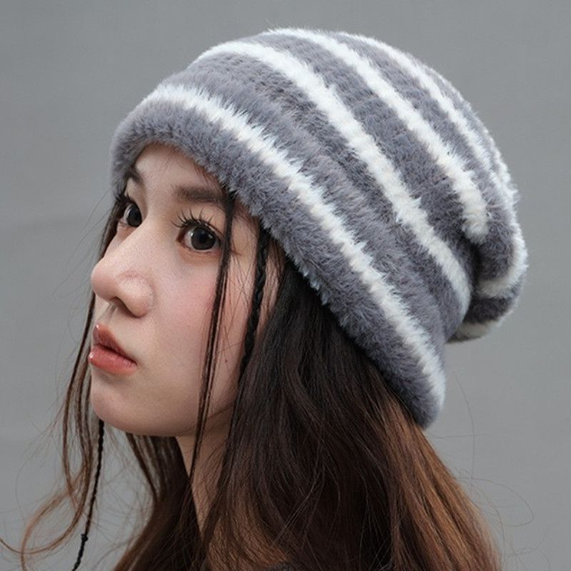 Vintage Stripe Fluffy Knit Beanie, Unisex Slouchy Warm Striped Winter Hat with Slim Face Design—Gray