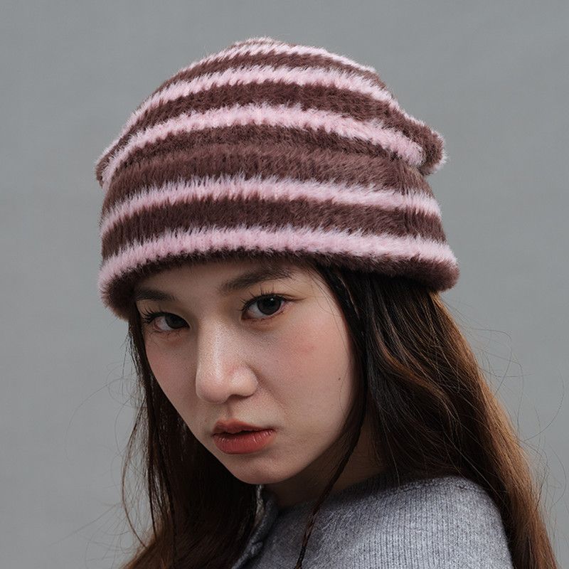 Vintage Stripe Fluffy Knit Beanie, Unisex Slouchy Warm Striped Winter Hat with Slim Face Design - Pink