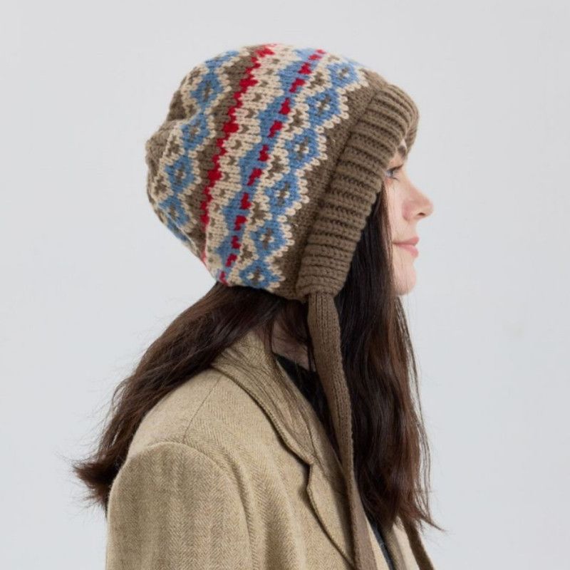 Vintage Ethnic Jacquard Knit Hat with Tie, Warm Winter Slouchy Beanie for Large Head Circumference, Unisex—Blue