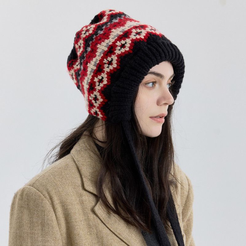 Vintage Ethnic Jacquard Knit Hat with Tie, Warm Winter Slouchy Beanie for Large Head Circumference, Unisex - Red