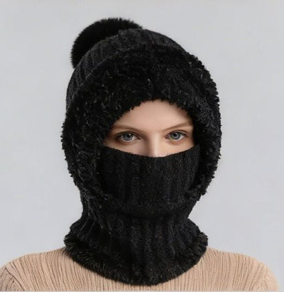 Integrated Knit Hat, Women's Windproof Warm Pom-Pom Hat with Face Cover & Neck Warmer for Winter Cycling - Black