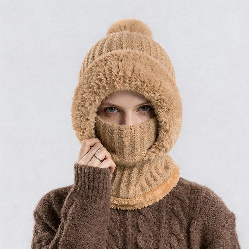 Integrated Knit Hat, Women's Windproof Warm Pom-Pom Hat with Face Cover & Neck Warmer for Winter Cycling - Khaki