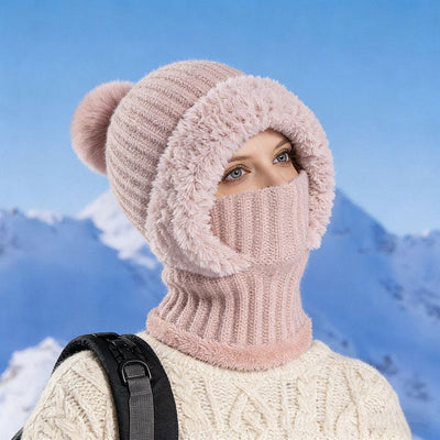 Integrated Knit Hat, Women's Windproof Warm Pom-Pom Hat with Face Cover & Neck Warmer for Winter Cycling - Pink