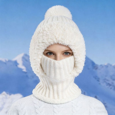 Integrated Knit Hat, Women's Windproof Warm Pom-Pom Hat with Face Cover & Neck Warmer for Winter Cycling - White
