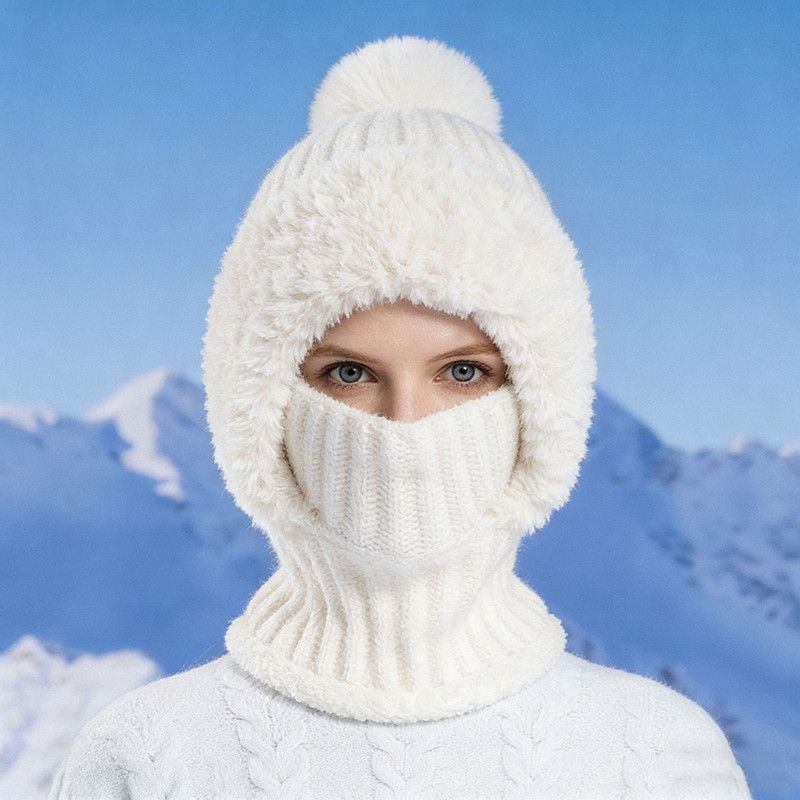 Integrated Knit Hat, Women's Windproof Warm Pom-Pom Hat with Face Cover & Neck Warmer for Winter Cycling - White