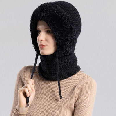 Fleece Ear Protection Integrated Knit Hat, Women's Windproof Balaclava Hat with Face Mask & Neck Warmer - Black