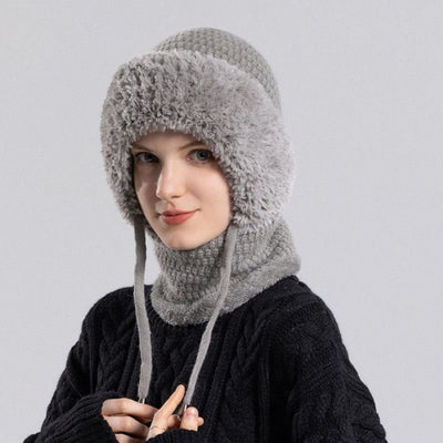 Fleece Ear Protection Integrated Knit Hat, Women's Windproof Balaclava Hat with Face Mask & Neck Warmer—Gray