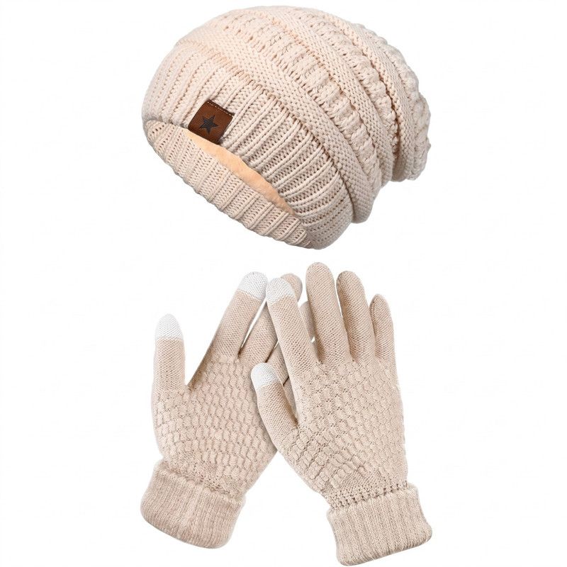 Vintage Cable-Knit Fleece-Lined Beanie & Touchscreen Gloves Set, Women's Warm Winter Knit Hat 2-Piece Set—Beige