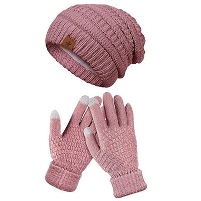 Vintage Cable-Knit Fleece-Lined Beanie & Touchscreen Gloves Set, Women’s Warm Winter Knit Hat 2-Piece Set—Pink