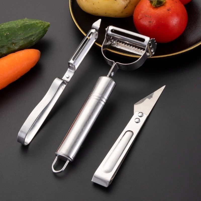 Stainless Steel Multi-function Peeler 3 Pcs Set, Fruit Vegetable Slicer Shaver & Tweezers Kitchen Tool Kit