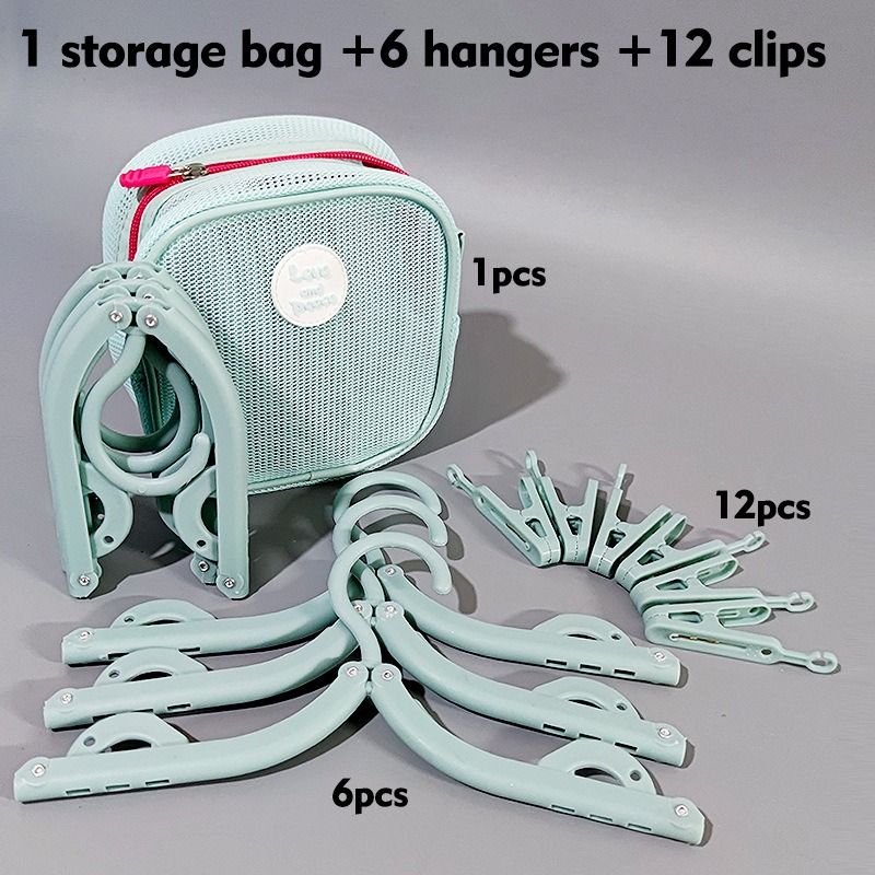 Portable Foldable Travel Clothes Hanger Set, Includes Clips, Clothes Rack With Storage Bag For Business Trips and Home Use—Blue