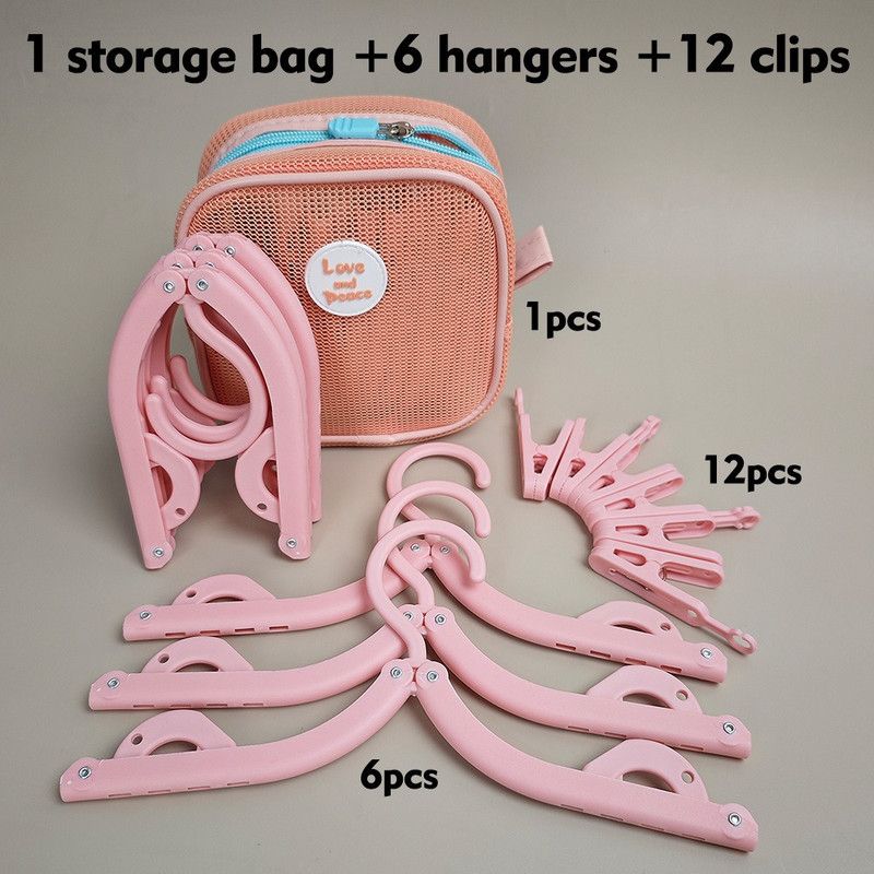 Portable Foldable Travel Clothes Hanger Set, Includes Clips, Clothes Rack with Storage Bag for Business Trips and Home Use - Pink
