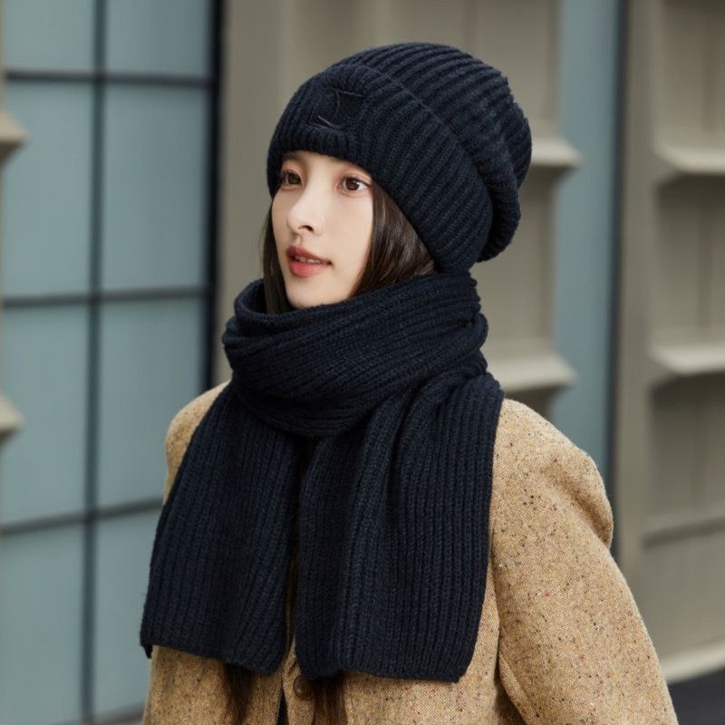 Women's Winter Knit Beanie & Scarf Set, Thick Vertical Stripe Warm Slouchy Hat with Ear Protection and Scarf—Black