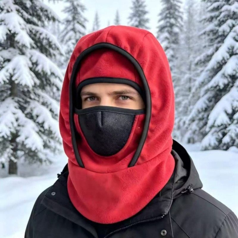 Fleece Integrated Thermal Balaclava, Windproof Face & Neck Cover Hat for Skiing, Cycling, and Outdoor Sports - Red