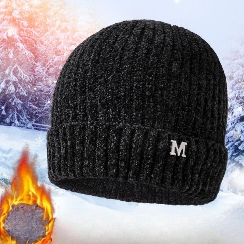 Men's Fleece-Lined Thick-Knit Beanie, Warm Winter Stretch Cold-Proof Skull Cap for Outdoor Cycling—Black