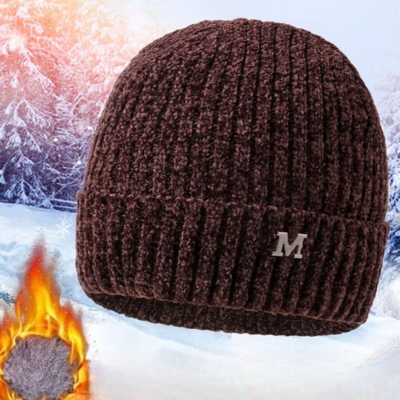 Men's Fleece-Lined Thick-Knit Beanie, Warm Winter Stretch Cold-Proof Skull Cap for Outdoor Cycling—Brown
