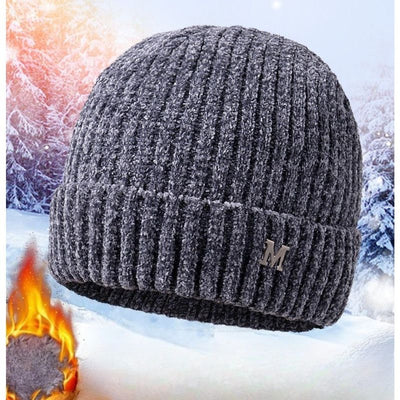 Men's Fleece-Lined Thick-Knit Beanie, Warm Winter Stretch Cold-Proof Skull Cap for Outdoor Cycling—Gray