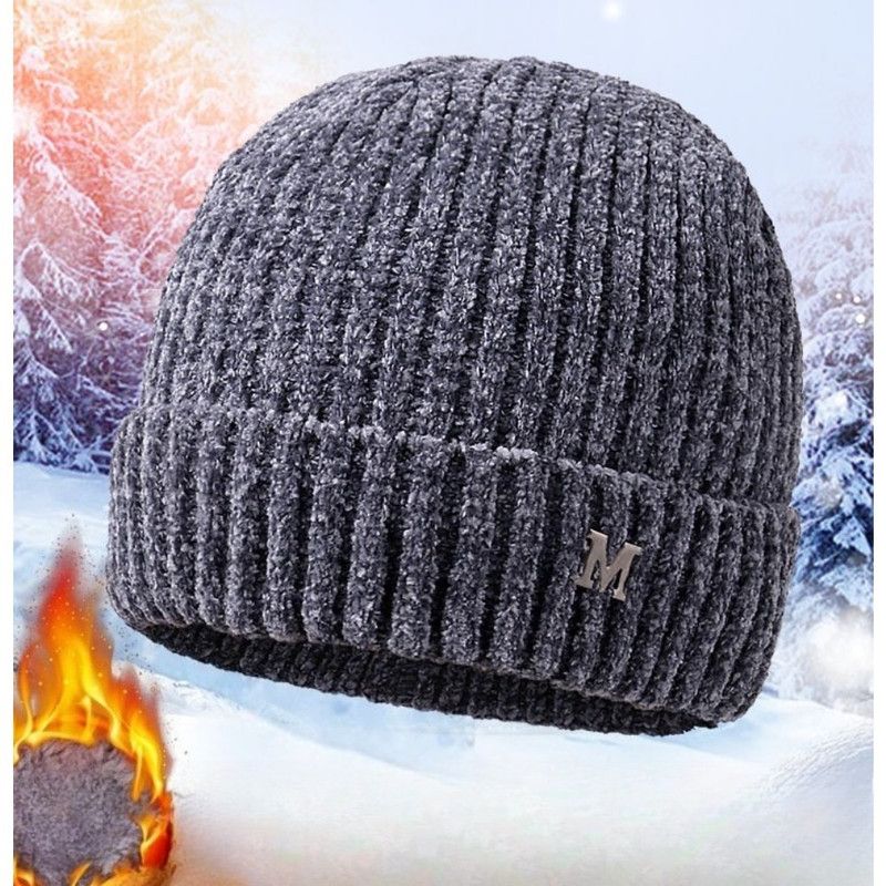 Men's Fleece-Lined Thick-Knit Beanie, Warm Winter Stretch Cold-Proof Skull Cap for Outdoor Cycling—Gray