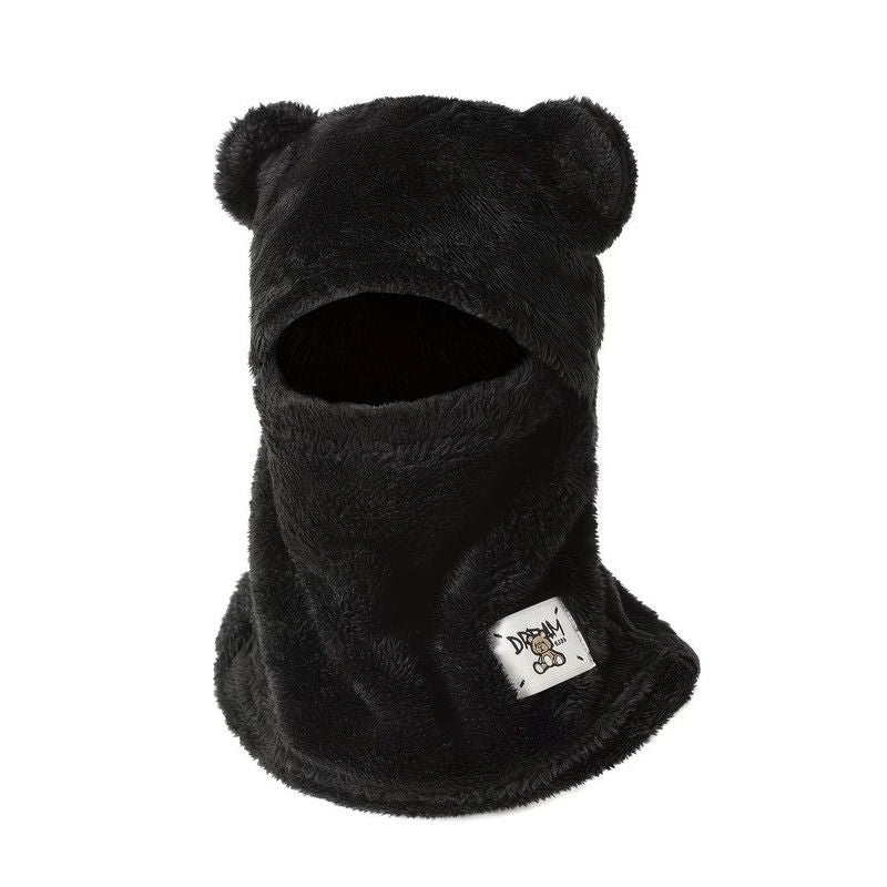 Cute Bear Ear Plush Integrated Balaclava Hat, 4-in-1 Windproof Warm Neck and Face Cover Hat - Black