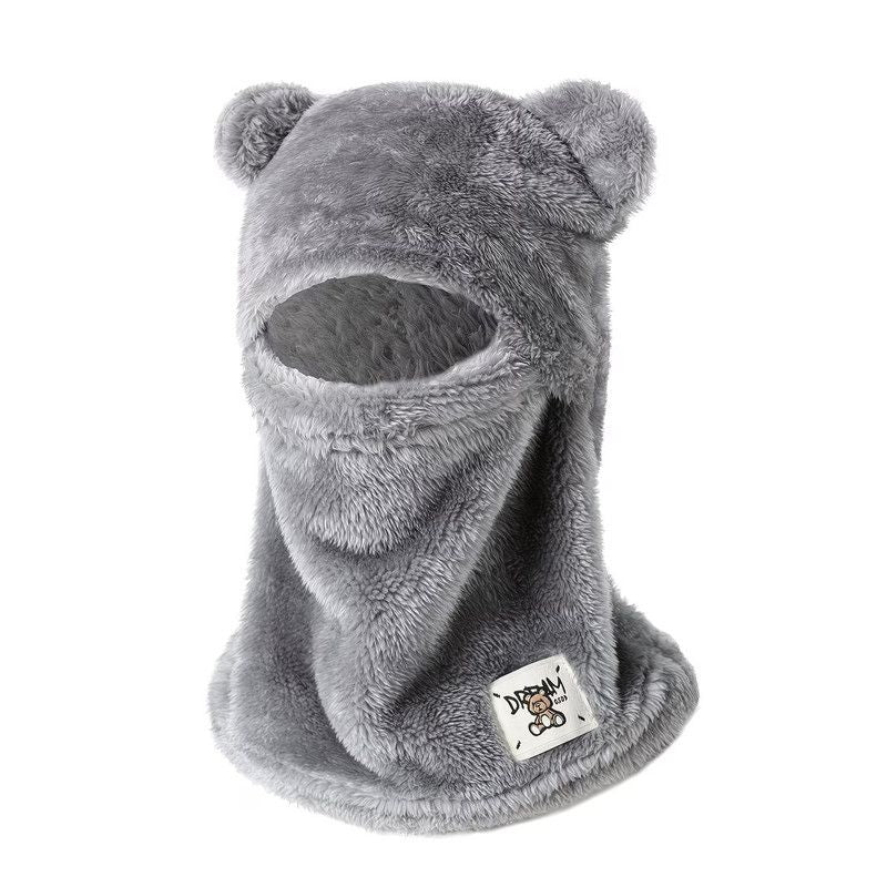 Cute Bear Ear Plush Integrated Balaclava Hat, 4-in-1 Windproof Warm Neck and Face Cover Hat - Gray