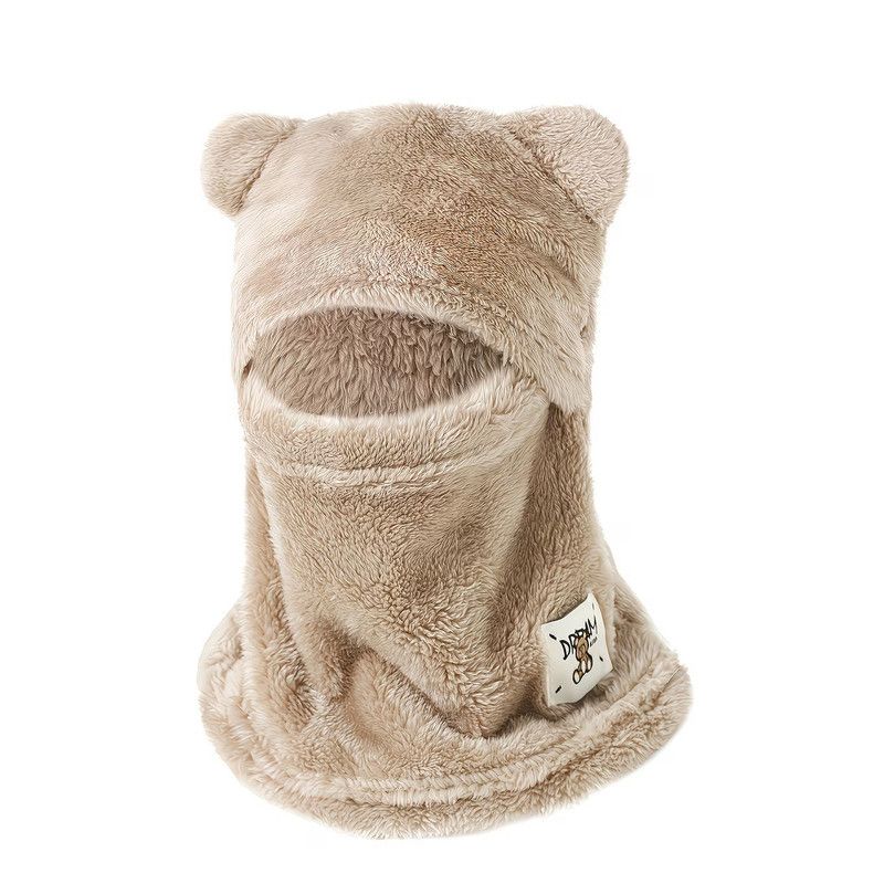 Cute Bear Ear Plush Integrated Balaclava Hat, 4-in-1 Windproof Warm Neck and Face Cover Hat - Khaki