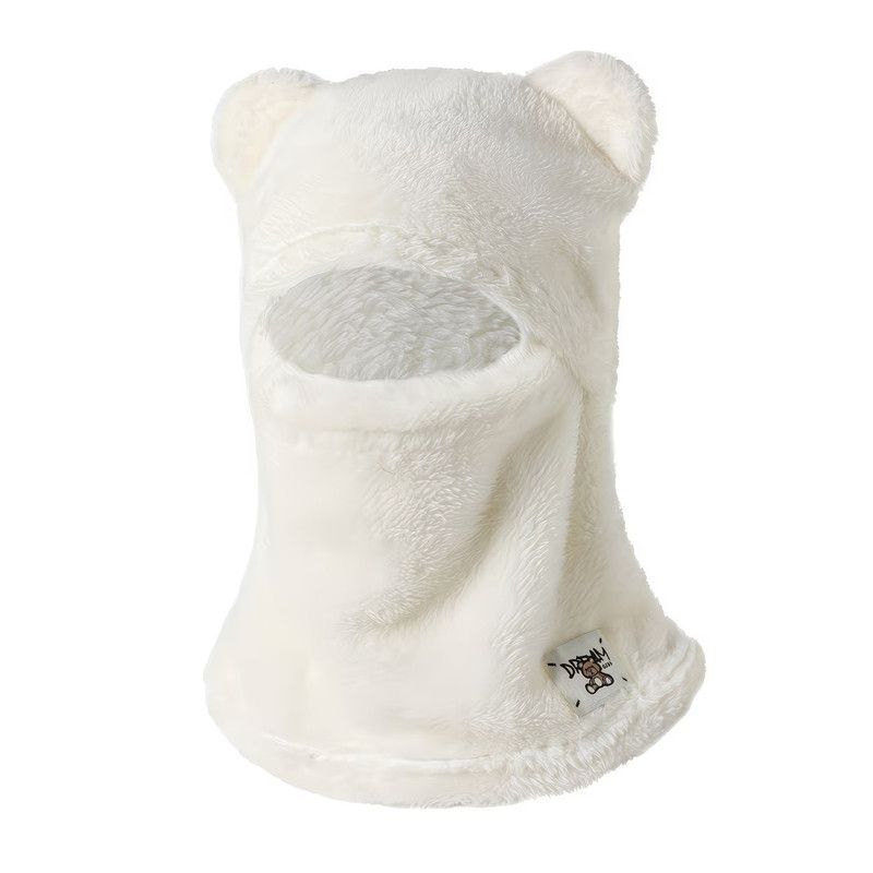 Cute Bear Ear Plush Integrated Balaclava Hat, 4-in-1 Windproof Warm Neck and Face Cover Hat - White