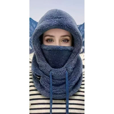Fleece Drawstring Integrated Balaclava Hat, 3-in-1 Windproof Neck and Face Cover, Warm Cap for Winter Cycling—Blue