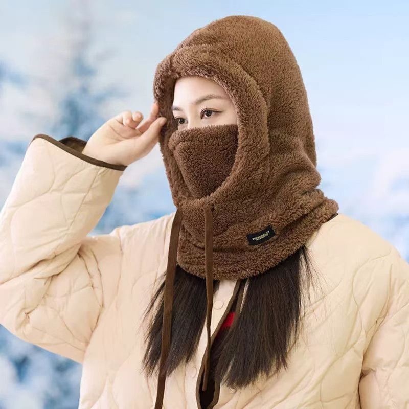 Fleece Drawstring Integrated Balaclava Hat, 3-in-1 Windproof Neck and Face Cover, Warm Cap for Winter Cycling - Brown