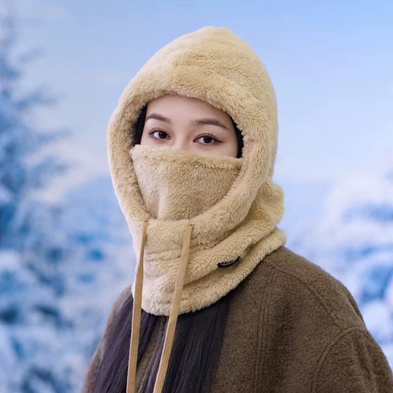 Fleece Drawstring Integrated Balaclava Hat, 3-in-1 Windproof Neck and Face Cover, Warm Cap for Winter Cycling - Khaki