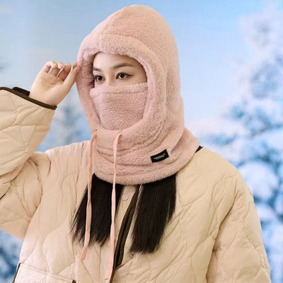 Fleece Drawstring Integrated Balaclava Hat, 3-in-1 Windproof Neck and Face Cover, Warm Cap for Winter Cycling - Pink