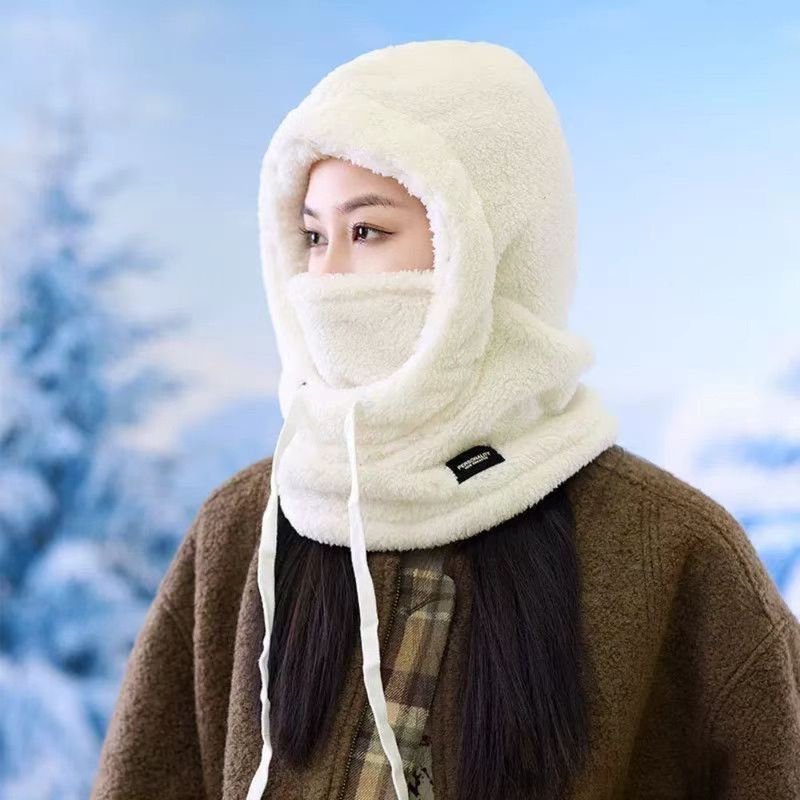 Fleece Drawstring Integrated Balaclava Hat, 3-in-1 Windproof Neck and Face Cover, Warm Cap for Winter Cycling—White