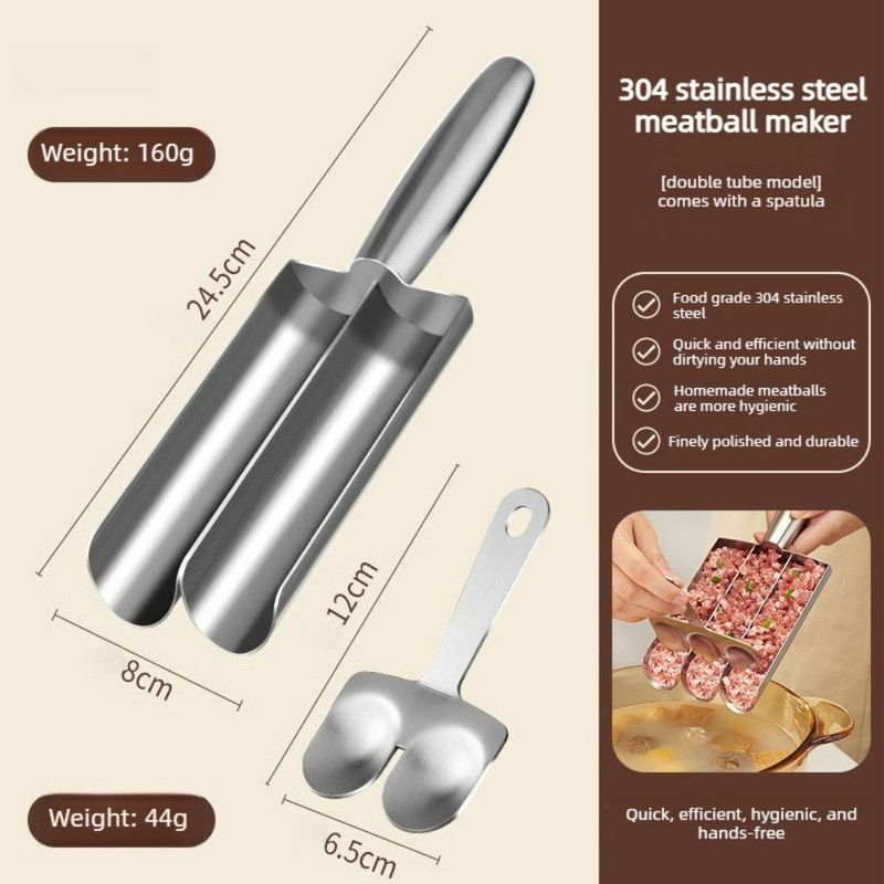 304 Stainless Steel Meatball Maker, Multi-size Paste Rice Ball Mold with Scoop for the Kitchen—Double Tube