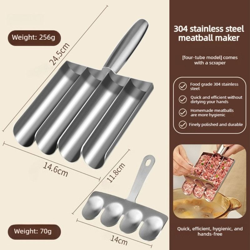 304 Stainless Steel Meatball Maker, Multi-size Paste Rice Ball Mold with Scoop for the Kitchen—Four Tubes
