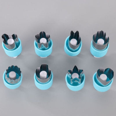 Hand Press Fruit and Vegetable Cookie Cutter 8-Piece Set, Food Shape Molds—Blue