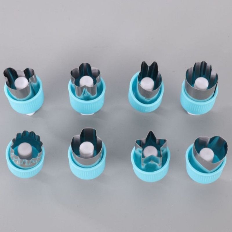 Hand Press Fruit and Vegetable Cookie Cutter 8-Piece Set, Food Shape Molds—Blue